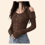 brown buttoned off-shoulder top y2k